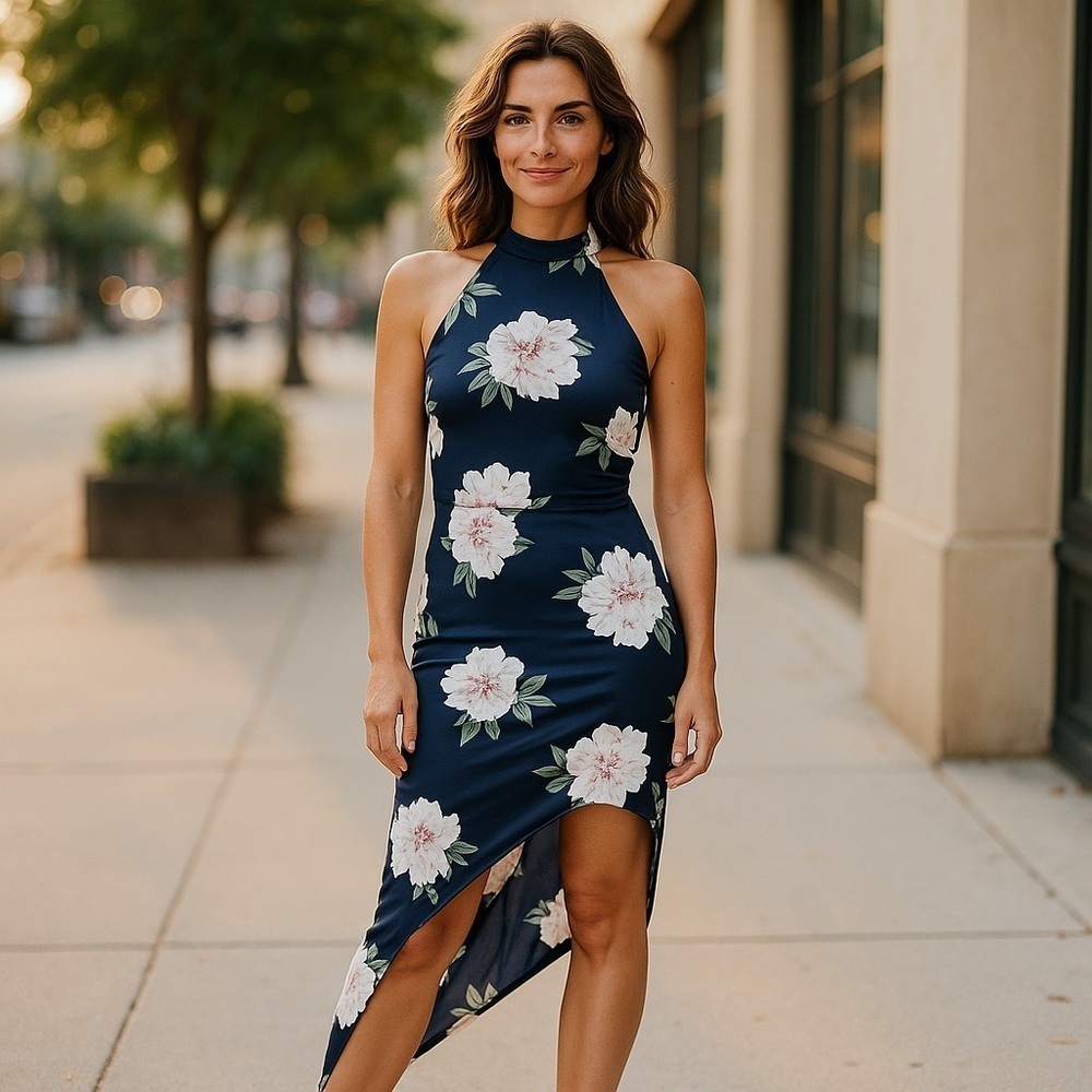 Blue Floral Halter Sexy Asymmetrical Dress
New